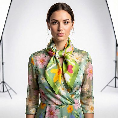 Floral Patchwork Satin Square Scarf Lightweight Soft Hair Neck Wrap Accessory