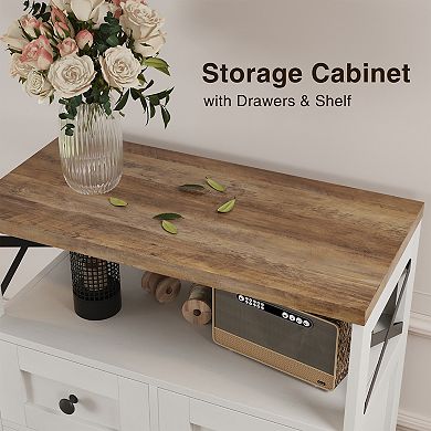 Farmhouse Storage Cabinet, Freestanding Cabinet with 2 Barn Doors & 2 Drawers for Kitchen Home