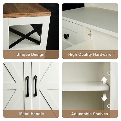 Farmhouse Storage Cabinet, Freestanding Cabinet with 2 Barn Doors & 2 Drawers for Kitchen Home