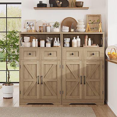 Farmhouse Storage Cabinet, Freestanding Cabinet with 2 Barn Doors & 2 Drawers for Kitchen Home