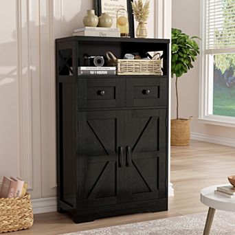 Farmhouse Storage Cabinet, Freestanding Cabinet with 2 Barn Doors & 4 Drawers for Kitchen Home