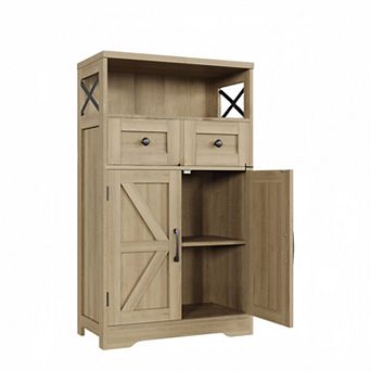 Farmhouse Storage Cabinet, Freestanding Cabinet with 2 Barn Doors & 2 Drawers for Kitchen Home