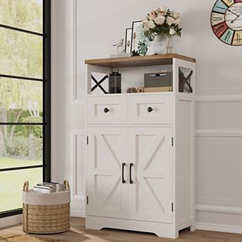 Farmhouse Storage Cabinet, Freestanding Cabinet with 2 Barn Doors & 2 Drawers for Kitchen Home