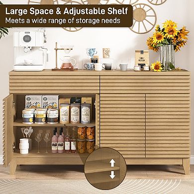 Fluted Buffet Cabinet, Coffee Bar Cabinet with Drawer & Adjustable Shelves, Storage Sideboard