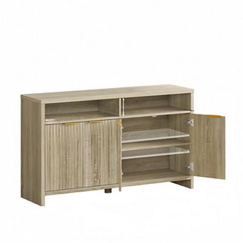 Fluted Office Storage Cabinet with 4 Doors, Wooden File Cabinet with 2 Adjustable Shelves