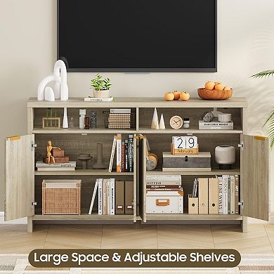 Fluted Office Storage Cabinet with 4 Doors, Wooden File Cabinet with 2 Adjustable Shelves