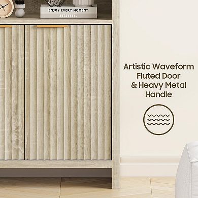 Fluted Office Storage Cabinet with 4 Doors, Wooden File Cabinet with 2 Adjustable Shelves