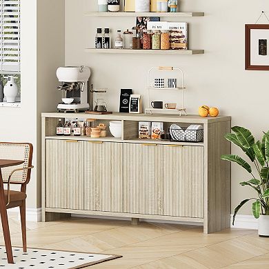 Fluted Office Storage Cabinet with 4 Doors, Wooden File Cabinet with 2 Adjustable Shelves