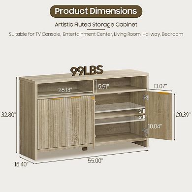 Fluted Office Storage Cabinet with 4 Doors, Wooden File Cabinet with 2 Adjustable Shelves