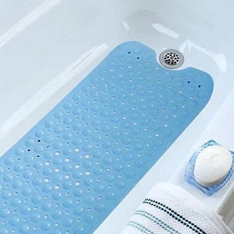 Swtroom 39 x 16 Inch Bath Tub Mat with Drain Holes and Suction Cups Anti Slip Material Blue