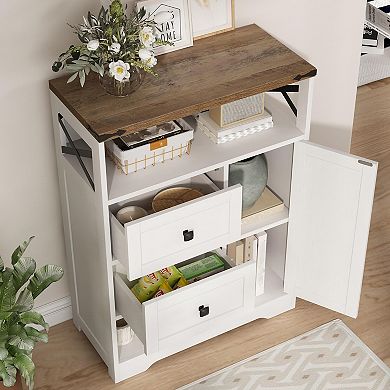 Vabches Farmhouse Storage Cabinet with Barn Doors, Drawers & Shelves