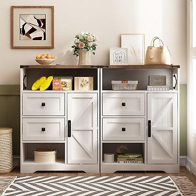 Vabches Farmhouse Storage Cabinet with Barn Doors, Drawers & Shelves