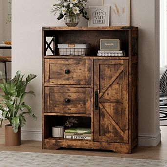Farmhouse Storage Cabinet with 2 Drawers & Shelves,Floor Cabinet with Doors for Kitchen/Living Room