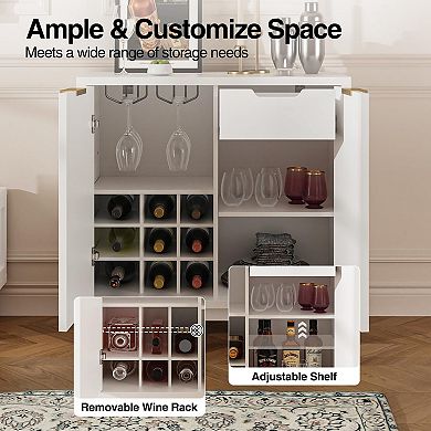 Fluted Coffee Bar Cabinet with Removable Wine Rack and Drawer, Sideboard for Dining Room