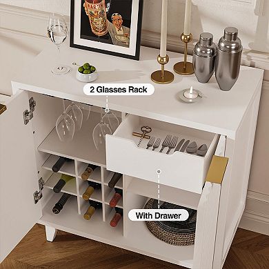 Fluted Coffee Bar Cabinet with Removable Wine Rack and Drawer, Sideboard for Dining Room