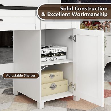 Farmhouse Executive Desk with Hutch, LED Light & Charging Hub,Workstation for Home Office and Study