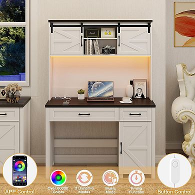 Farmhouse Executive Desk with Hutch, LED Light & Charging Hub,Workstation for Home Office and Study