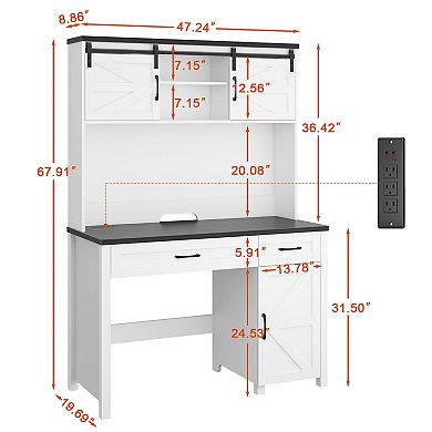 Farmhouse Executive Desk with Hutch, LED Light & Charging Hub,Workstation for Home Office and Study