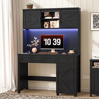 Farmhouse Executive Desk with Hutch, LED Light & Charging Hub,Workstation for Home Office and Study
