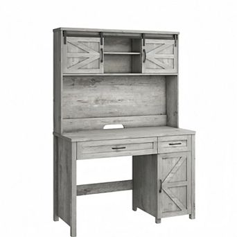 Farmhouse Executive Desk with Hutch, LED Light & Charging Hub,Workstation for Home Office and Study
