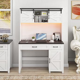 Farmhouse Executive Desk with Hutch, LED Light & Charging Hub,Workstation for Home Office and Study