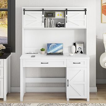 Farmhouse Executive Desk with Hutch, LED Light & Charging Hub,Workstation for Home Office and Study