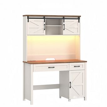 Farmhouse Executive Desk with Hutch, LED Light & Charging Hub,Workstation for Home Office and Study