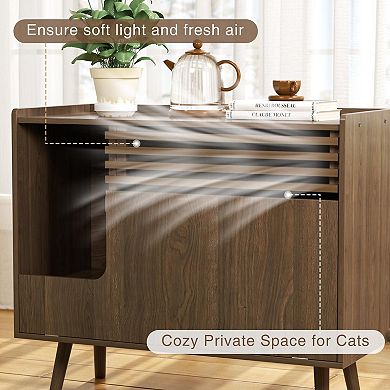 Mid-Century Cat Litter Box Enclosure with Scratch Pad, Flip-Down Door & End Table for Indoor Cats