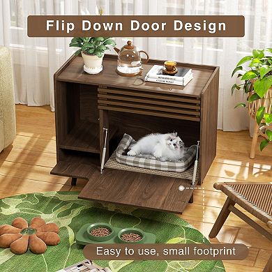 Mid-Century Cat Litter Box Enclosure with Scratch Pad, Flip-Down Door & End Table for Indoor Cats