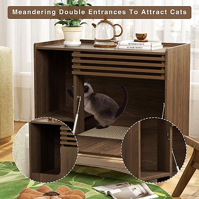 Mid-Century Cat Litter Box Enclosure with Scratch Pad, Flip-Down Door & End Table for Indoor Cats