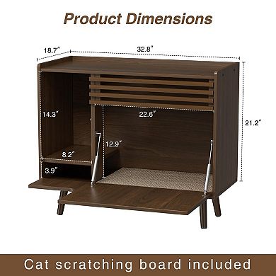 Mid-Century Cat Litter Box Enclosure with Scratch Pad, Flip-Down Door & End Table for Indoor Cats