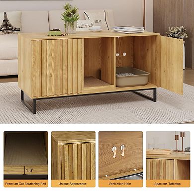 Large Cat Litter Box Enclosure with Scratch Pad, Double Hidden Cat House & TV Stand for 2 Cats