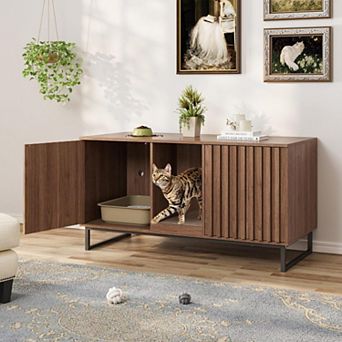 Large Cat Litter Box Enclosure with Scratch Pad, Double Hidden Cat House & TV Stand for 2 Cats