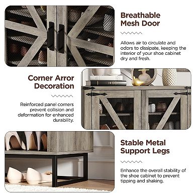Farmhouse Shoe Storage Cabinet, 6-Tier Shoe Rack with Ventilated Mesh Doors & Adjustable Shelves
