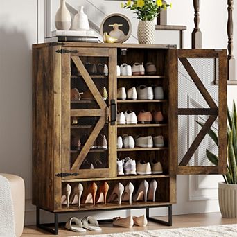 Farmhouse Shoe Storage Cabinet, 6 tier Shoe Rack with Ventilated Mesh Doors & Adjustable Shelves