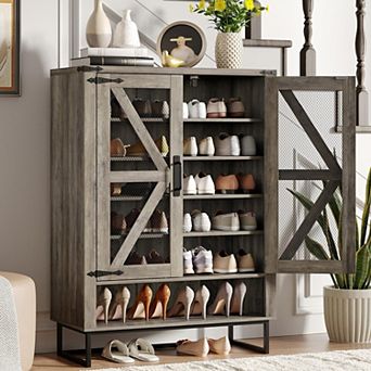 Farmhouse Shoe Storage Cabinet, 6 tier Shoe Rack with Ventilated Mesh Doors & Adjustable Shelves