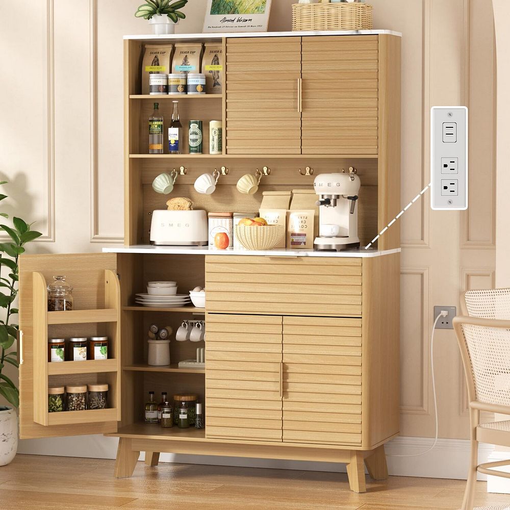 Fluted Kitchen Pantry Storage Cabinet with Charging Station