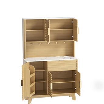 Fluted Kitchen Pantry Storage Cabinet with Charging Station, Kitchen Hutch with Microwave Stand