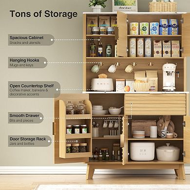 Fluted Kitchen Pantry Storage Cabinet with Charging Station, Kitchen Hutch with Microwave Stand