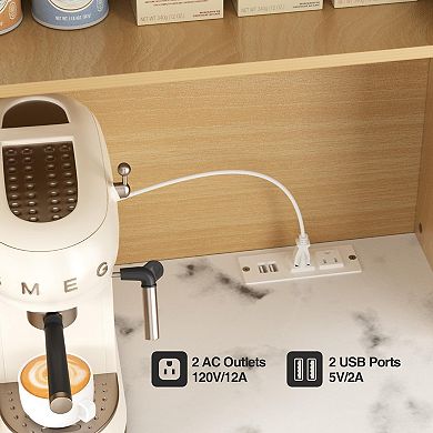 Fluted Kitchen Pantry Storage Cabinet with Charging Station, Kitchen Hutch with Microwave Stand