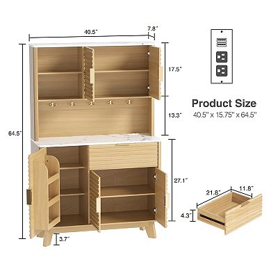 Fluted Kitchen Pantry Storage Cabinet with Charging Station, Kitchen Hutch with Microwave Stand
