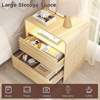 Fluted LED Nightstand with Charging Station, 2-Drawer Bedside Table with LED Light & USB Ports