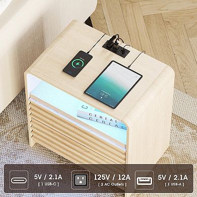 Fluted LED Nightstand with Charging Station, 2-Drawer Bedside Table with LED Light & USB Ports