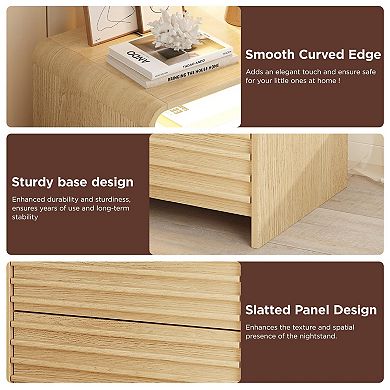 Fluted LED Nightstand with Charging Station, 2-Drawer Bedside Table with LED Light & USB Ports