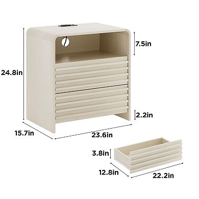 Fluted LED Nightstand with Charging Station, 2-Drawer Bedside Table with LED Light & USB Ports