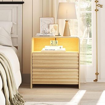 Fluted LED Nightstand with Charging Station, 2-Drawer Bedside Table with LED Light & USB Ports