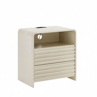 Fluted LED Nightstand with Charging Station, 2-Drawer Bedside Table with LED Light & USB Ports