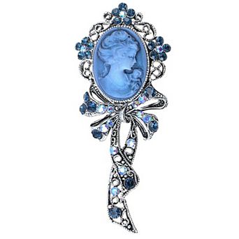 Beautiful Blue Sapphire AB Crystal Rhinestone Cameo Maiden Ribbon Bow Pin Brooch