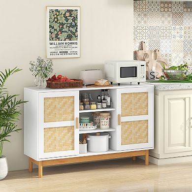 48 Inch Sideboard Buffet Cabinet with Woven Doors White