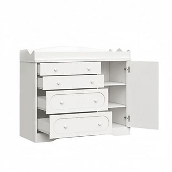 Kids Bookshelf and Toy Storage with 4 Drawers & 1 Large Cabinet, Open Shelves for Nursery, Bedroom